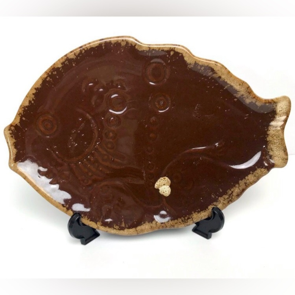 Vintage Ceramic Brown Drip Fish Plates Set of 3 Boho Eclectic